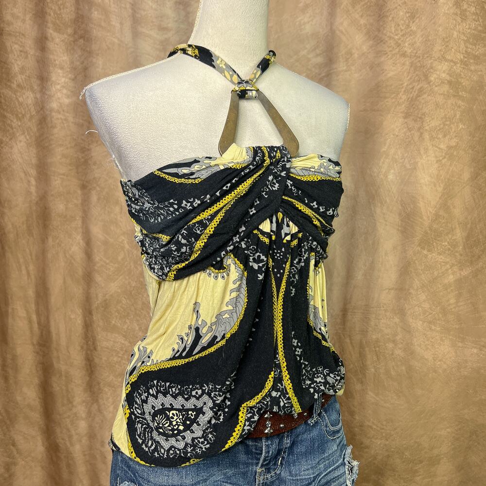 Vintage Y2K Paisley Halter Top Rocaille Graphic Empire Waist Black Yellow Boho